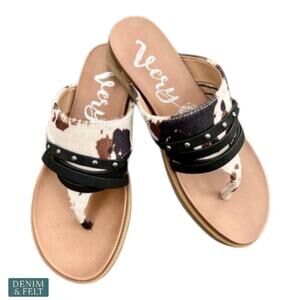 Very G Rose Cow Sandals Size 7.5 Black Brown Cow Print Western Boho NEW